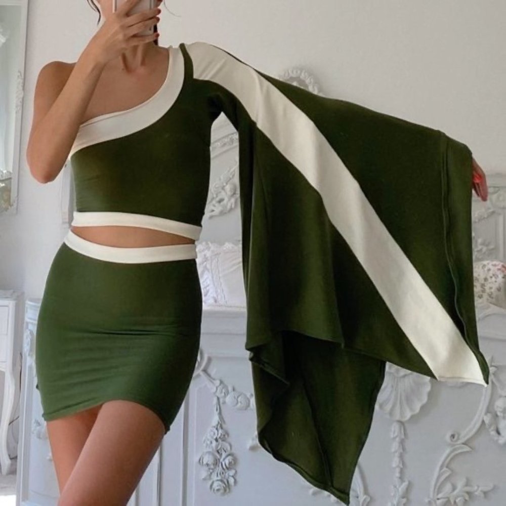 Vintage Bodycon One Shoulder Hippie Bell Sleeve Green Crop Top Skirt Set - Picture 2 of 8